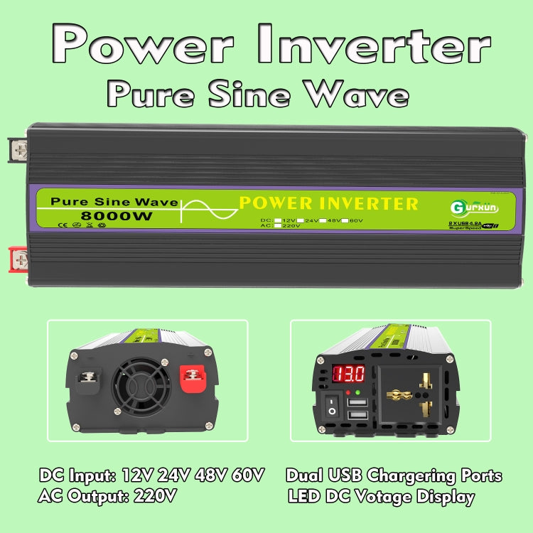 Gurxun 60V-220V 8000W Pure Sine Wave Inverter Car Single Digital Display Voltage Converter - Pure Sine Wave by Gurxun | Online Shopping South Africa | PMC Jewellery | Buy Now Pay Later Mobicred