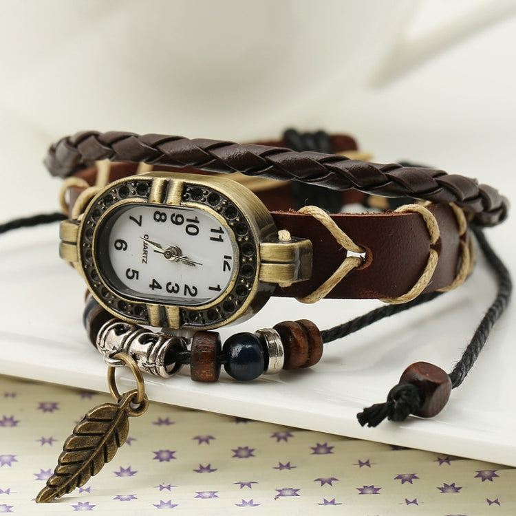 W01350 Vintage Braided Leather Leaf Bracelet Watch(Brown) - Bracelet Watches by PMC Jewellery | Online Shopping South Africa | PMC Jewellery | Buy Now Pay Later Mobicred