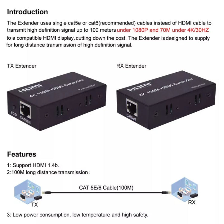 HDMI To RJ45 Single Ethernet Cable 100m Extender 4K HD Cable Signal Amplifier US Plug(Black) - Amplifier by PMC Jewellery | Online Shopping South Africa | PMC Jewellery | Buy Now Pay Later Mobicred