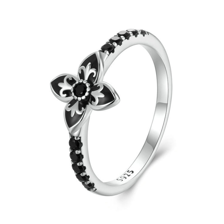 SCR1075 S925 Sterling Silver Oxidized Retro Elegant Black and White Flower Ring(8) - Rings by PMC Jewellery | Online Shopping South Africa | PMC Jewellery | Buy Now Pay Later Mobicred