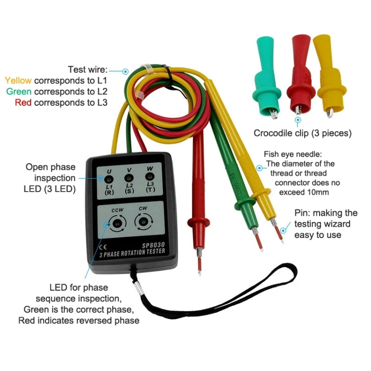 SP8030 3 Phase Alternating Current Phase Meter Phase Detector Rotation Tester Indicator Digital Phase-Order Indicator - Digital Multimeter by PMC TechLife | Online Shopping South Africa | PMC TechLife | Buy Now Pay Later Mobicred