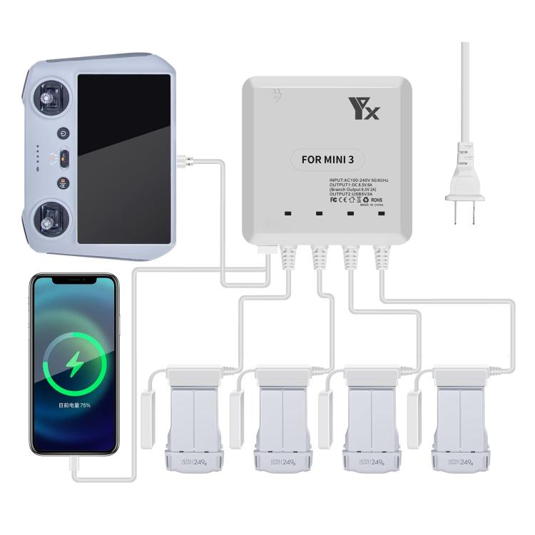 For DJI Mini 4 Pro / Mini 3 Pro / Mini 3 Drone YX 4-way Charger Battery Butler US Plug - free shipping - PMC TechLife - Order now!