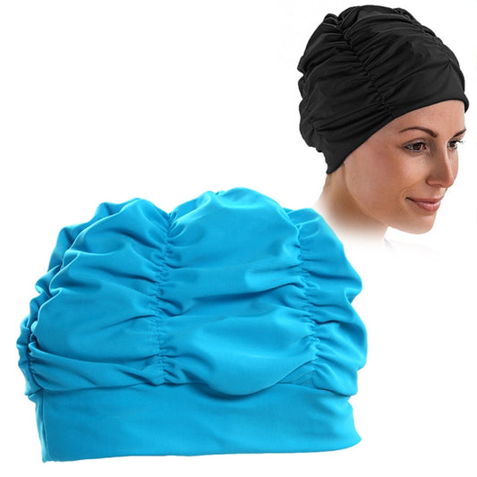 Women Earmuffs Pleated Cloth Swimming Cap(Lake Blue) - Swimming Caps by PMC Jewellery | Online Shopping South Africa | PMC Jewellery | Buy Now Pay Later Mobicred