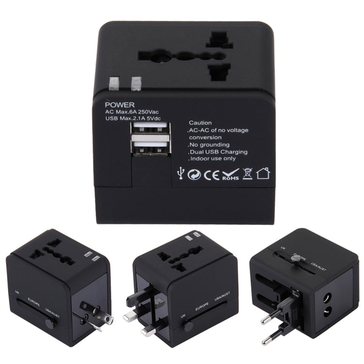 5V 2.1A Dual USB Power Socket Charger Adapter, UK / EU / US / AU Plug(Black) - Plug Adaptor by PMC TechLife | Online Shopping South Africa | PMC TechLife | Buy Now Pay Later Mobicred