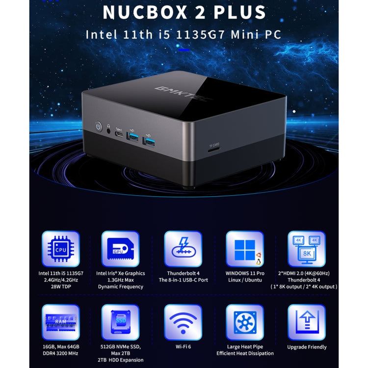 GMKTEC NUCBOX 2 Plus Windows 11 Pro/Linux/Ubuntu Mini PC, Intel 11th Tigerlake-U I5-1135G7, Quad Core 8 Thread, 2.4GHz up to 4.2GHz, 16GB+512GB, Support Bluetooth / WiFi, EU Plug - Windows Mini PCs by GMKtec | Online Shopping South Africa | PMC Jewellery | Buy Now Pay Later Mobicred