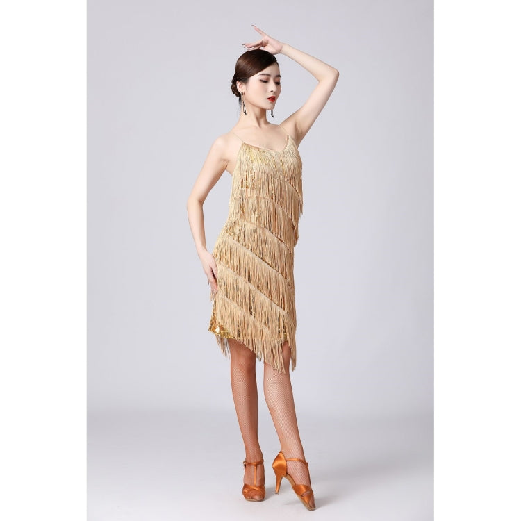 V-neck Suspender Sequined Fringed Latin Dance Dress Competition Performance Suit (Color:Gold Size:S) - Dress by PMC Jewellery | Online Shopping South Africa | PMC Jewellery