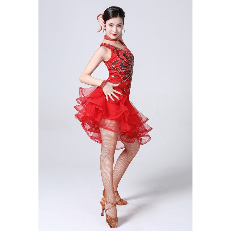 5 in 1 Sleeveless Latin Dance Dress + Collar + Separate Bottoms + Bracelets Set (Color:Red Size:XXL) - Dress by PMC Jewellery | Online Shopping South Africa | PMC Jewellery