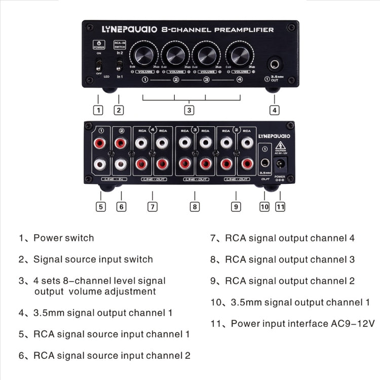 LINEPAUDIO B981 Pro 8-ch Pre-amplifier Speaker Distributor Switcher Speaker Comparator, Signal Booster with Volume Control & Earphone / Monitor Function (Black) -  by PMC Jewellery | Online Shopping South Africa | PMC Jewellery | Buy Now Pay Later Mobicred