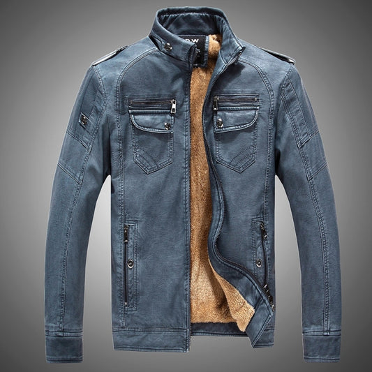Men Plus Velvet Loose Leather Jacket Coat (Color:Blue Size:XL) - Loose Coat by PMC Jewellery | Online Shopping South Africa | PMC Jewellery