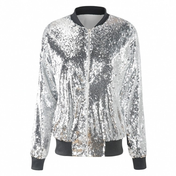 Ladies Loose Sequin Baseball Jacket (Color:Silver Size:XXXL) - Jacket & Loose Coat by PMC Jewellery | Online Shopping South Africa | PMC Jewellery
