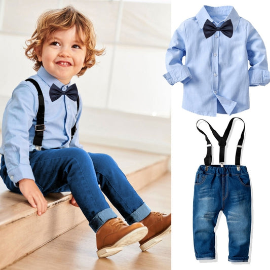 Children Long-sleeved Shirt + Denim Suspenders And Trousers Two-piece Suit (Color:Blue Size:130) - Boy Clothing by PMC Jewellery | Online Shopping South Africa | PMC Jewellery