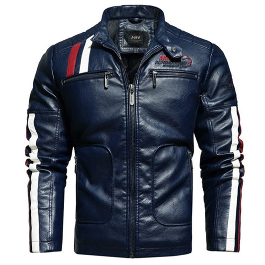 Autumn and Winter Letters Embroidery Pattern Tight-fitting Motorcycle Leather Jacket for Men (Color:Dark Blue Size:L) - Cardigan by PMC Jewellery | Online Shopping South Africa | PMC Jewellery