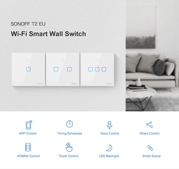 Sonoff T2 Touch 86mm Tempered Glass Panel Wall Switch Smart Home Light Touch Switch, Compatible with Alexa and Google Home, AC 100V-240V, EU Plug - Smart Switch by PMC TechLife | Online Shopping South Africa | PMC TechLife