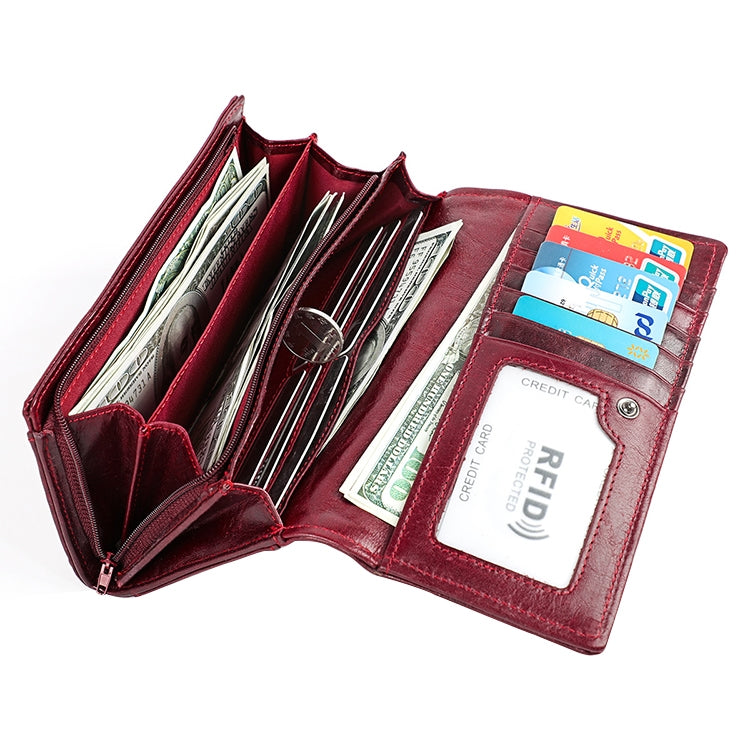 3559 Antimagnetic RFID Multi-function Zipper Retro Top-grain Leather Lady Purse Wallet (Wine Red) - free shipping - PMC TechLife - Order now!