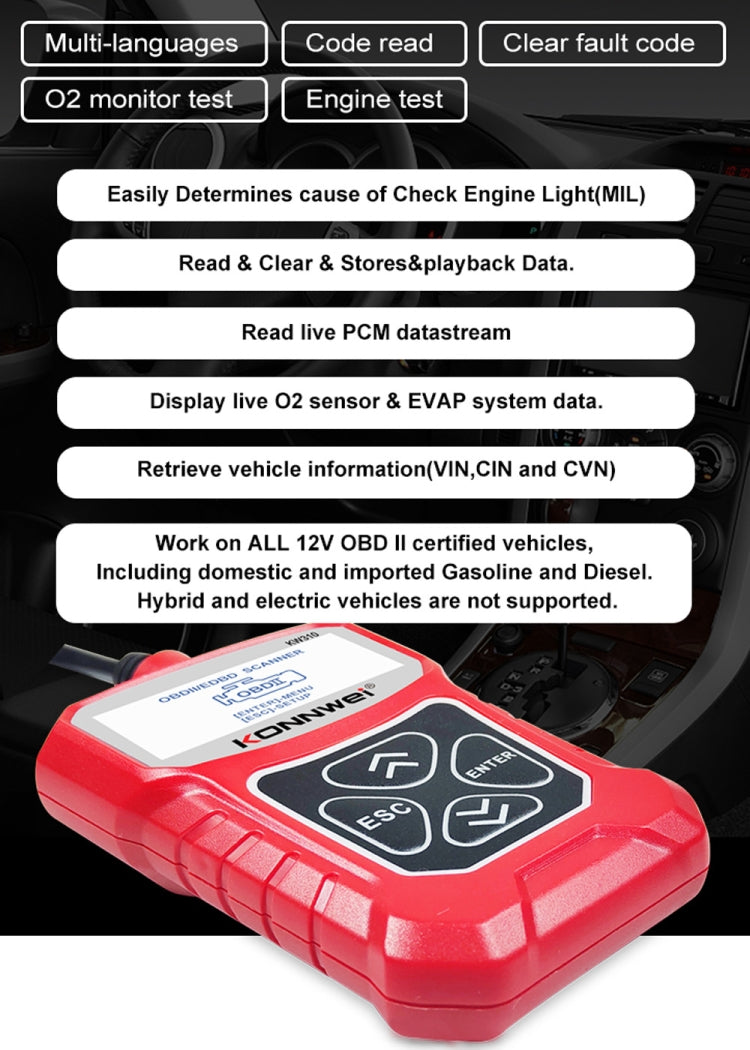 KONNWEI KW310 OBD Car Fault Detector Code Reader ELM327 OBD2 Scanner Diagnostic Tool(Red) - Code Readers & Scan Tools by KONNWEI | Online Shopping South Africa | PMC Jewellery