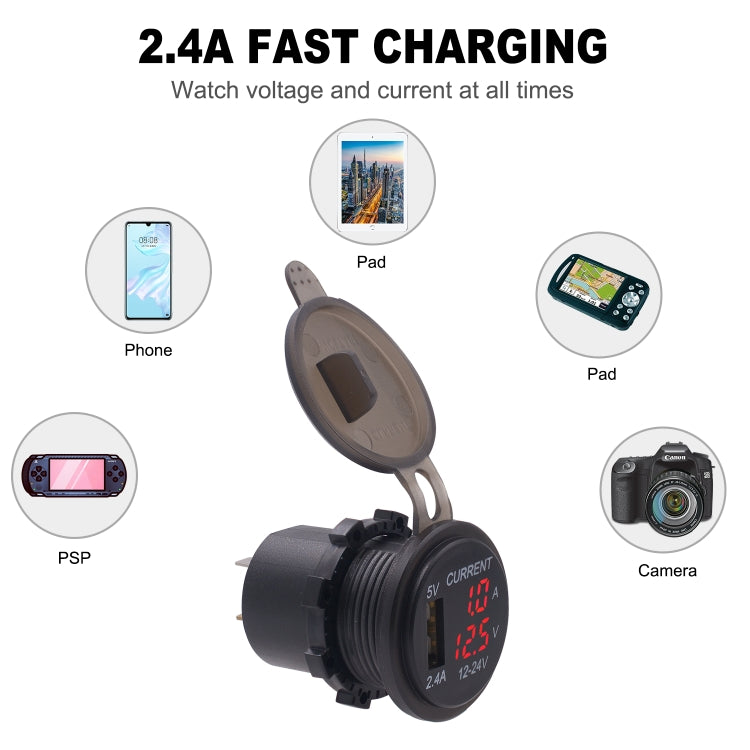 Universal Car Single Port USB Charger Power Outlet Adapter 2.4A 5V IP66 with LED Digital Voltmeter + Ammeter + 60cm Cable(Red Light) - DIY Modified Charger by PMC Jewellery | Online Shopping South Africa | PMC Jewellery