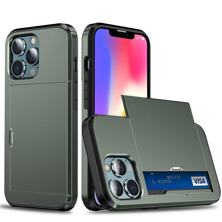 For iPhone 13 Pro Max Shockproof Armor Protective Case with Slide Card Slot (Army Green) - free shipping - PMC TechLife - Order now!