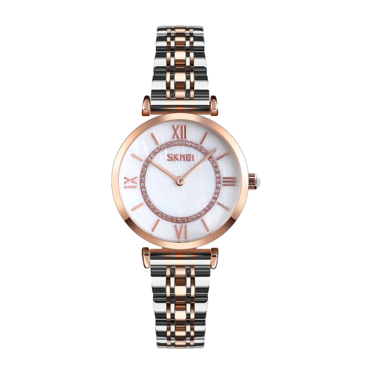 SKMEI 9198 Simple Roman Numeral Dial Metal Belt Quartz Watch for Couples(Rose Gold Silver White Women) - Couple Watches by SKMEI | Online Shopping South Africa | PMC Jewellery | Buy Now Pay Later Mobicred