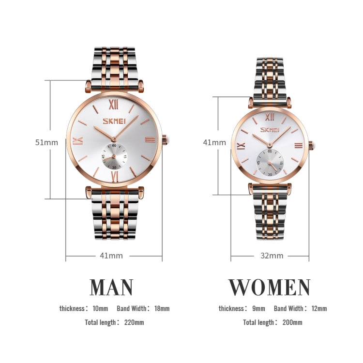 SKMEI 9198 Simple Roman Numeral Dial Metal Belt Quartz Watch for Couples(Rose Gold Silver White Women) - Couple Watches by SKMEI | Online Shopping South Africa | PMC Jewellery | Buy Now Pay Later Mobicred