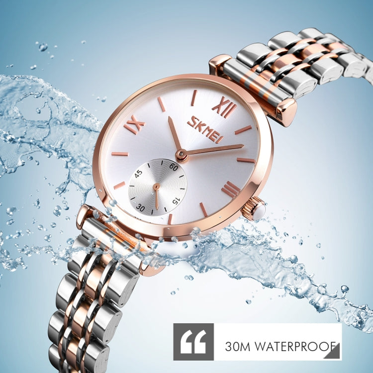 SKMEI 9198 Simple Roman Numeral Dial Metal Belt Quartz Watch for Couples(Rose Gold Silver White Women) - Couple Watches by SKMEI | Online Shopping South Africa | PMC Jewellery | Buy Now Pay Later Mobicred