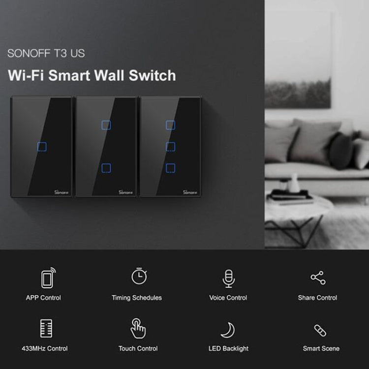 Sonoff T3 US-TX 433 RF WIFI Smart Remote Control Wall Touch Switch, US Plug, Style:Three Buttons - free shipping - PMC TechLife - Order now!