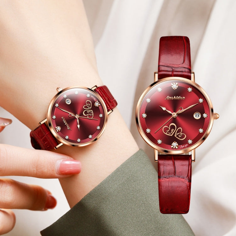 JIN SHI DUN 8825 Love Heart Digital Pattern Round Diamond Dial Quartz Couple Watch(Wine Red) - Couple Watches by JIN SHI DUN | Online Shopping South Africa | PMC Jewellery | Buy Now Pay Later Mobicred