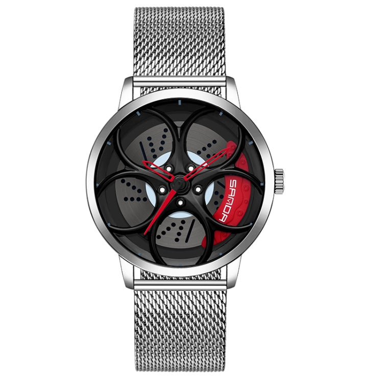 SANDA 1070 3D Oval Hollow Out Wheel Non-rotatable Dial Quartz Watch for Men, Style:Mesh Belt(Silver Red) - Metal Strap Watches by SANDA | Online Shopping South Africa | PMC Jewellery | Buy Now Pay Later Mobicred