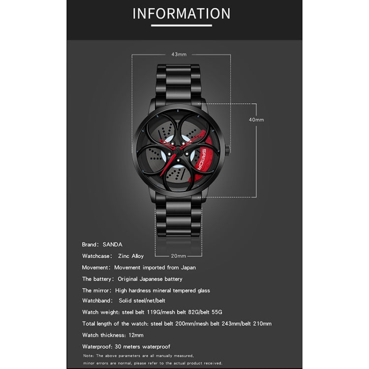 SANDA 1070 3D Oval Hollow Out Wheel Non-rotatable Dial Quartz Watch for Men, Style:Mesh Belt(Silver Red) - Metal Strap Watches by SANDA | Online Shopping South Africa | PMC Jewellery | Buy Now Pay Later Mobicred