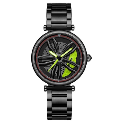 SANDA 1074 3D Hollow Out Wheel Non-rotatable Dial Quartz Watch for Women, Style:Steel Belt(Black Green) - Metal Strap Watches by SANDA | Online Shopping South Africa | PMC Jewellery | Buy Now Pay Later Mobicred