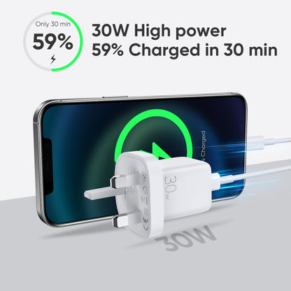 JOYROOM L-QP303 PD 30W USB-C / Type-C + QC 3.0 USB Mini Fast Charger, UK Plug(White) - USB Charger by JOYROOM | Online Shopping South Africa | PMC Jewellery