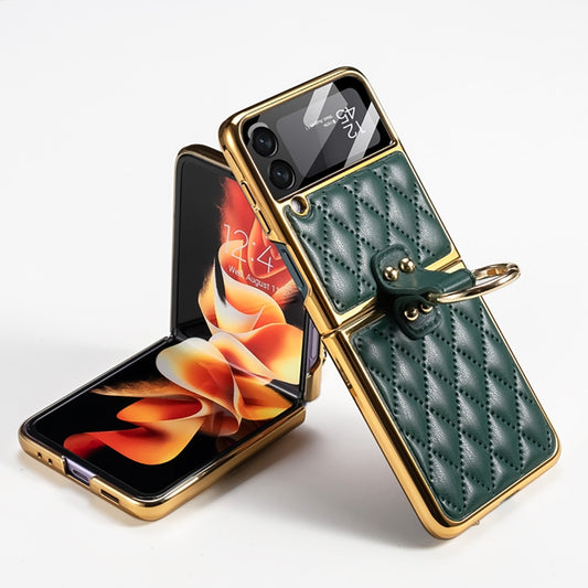 For Samsung Galaxy Z Flip3 5G GKK Integrated Plating + Leather Phone Case with Ring(Dark Green) - Galaxy Phone Cases by GKK | Online Shopping South Africa | PMC Jewellery