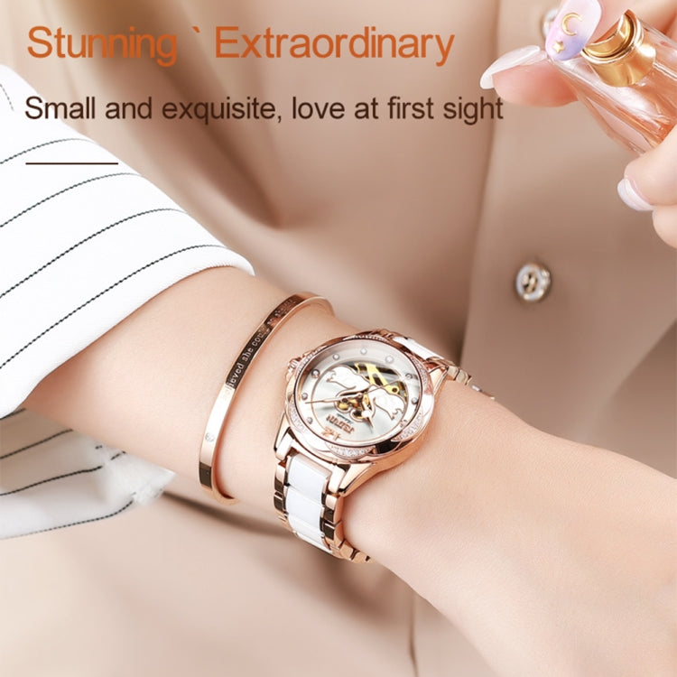 JIN SHI DUN 8831 Women Fashion Diamond Hollowed Waterproof Ceramic Mechanical Watch(Black) - Metal Strap Watches by JIN SHI DUN | Online Shopping South Africa | PMC Jewellery | Buy Now Pay Later Mobicred