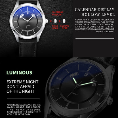 YAZOLE 513 Leather Band Calendar Waterproof Quartz Watch(Blue+Black) - Leather Strap Watches by YAZOLE | Online Shopping South Africa | PMC Jewellery | Buy Now Pay Later Mobicred