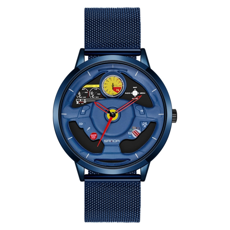 SANDA 1085 Steering Wheel Hollow Dial Waterproof Quartz Watch, Style:Mesh Band(Blue) - Metal Strap Watches by SANDA | Online Shopping South Africa | PMC Jewellery | Buy Now Pay Later Mobicred