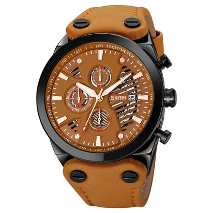 SKMEI 9282 Stainless Steel Buckle Leather Strap Waterproof Quartz Watch(Brown Belt Brown Surface) - Leather Strap Watches by SKMEI | Online Shopping South Africa | PMC Jewellery | Buy Now Pay Later Mobicred