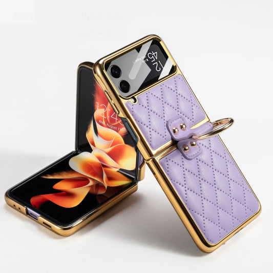 For Samsung Galaxy Z Flip4 GKK Integrated Plating + Leather Phone Case with Ring(Purple) - Galaxy Z Flip4 5G Cases by GKK | Online Shopping South Africa | PMC Jewellery