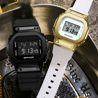 SANDA 2126 Tempered Mirror Luminous Waterproof Dual Display Electronic Watch(Black Gold) - Silicone Strap Watches by SANDA | Online Shopping South Africa | PMC Jewellery | Buy Now Pay Later Mobicred