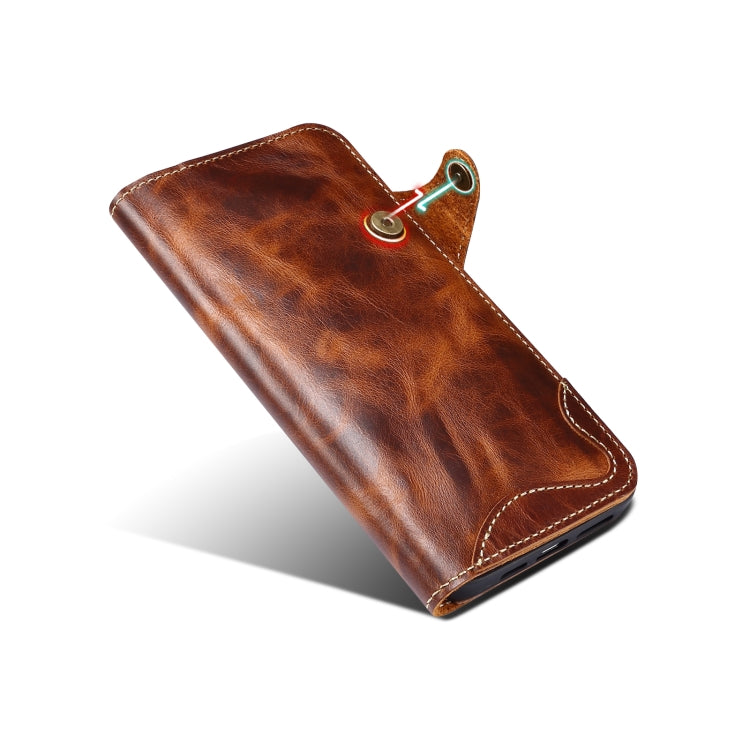 For iPhone 14 Denior Oil Wax Cowhide Magnetic Button Genuine Leather Case(Brown) - iPhone 14 Cases by Denior | Online Shopping South Africa | PMC Jewellery | Buy Now Pay Later Mobicred