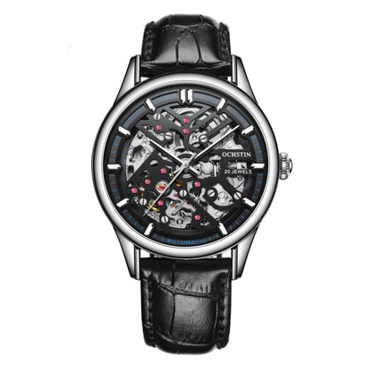 OCHSTIN 6020C Masterpiece Hollow Mechanical Men Watch(Silver-Black) - Leather Strap Watches by OCHSTIN | Online Shopping South Africa | PMC Jewellery | Buy Now Pay Later Mobicred