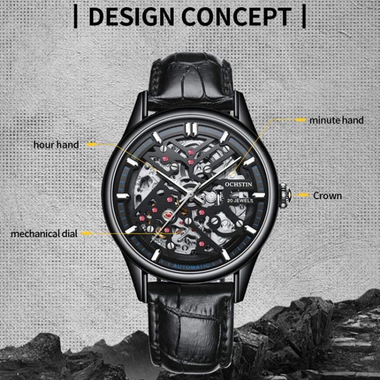 OCHSTIN 6020C Masterpiece Hollow Mechanical Men Watch(Black-Black) - Leather Strap Watches by OCHSTIN | Online Shopping South Africa | PMC Jewellery | Buy Now Pay Later Mobicred