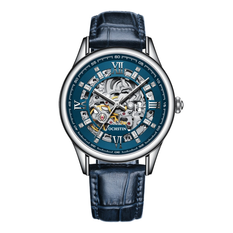 OCHSTIN 6020D Masterpiece Hollow Mechanical Men Watch(Silver-Blue) - Leather Strap Watches by OCHSTIN | Online Shopping South Africa | PMC Jewellery | Buy Now Pay Later Mobicred