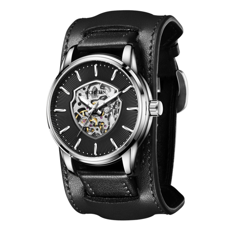 OCHSTIN 7010C Pilot Series Hollow Mechanical Men Watch(Silver-Black) - Leather Strap Watches by OCHSTIN | Online Shopping South Africa | PMC Jewellery | Buy Now Pay Later Mobicred