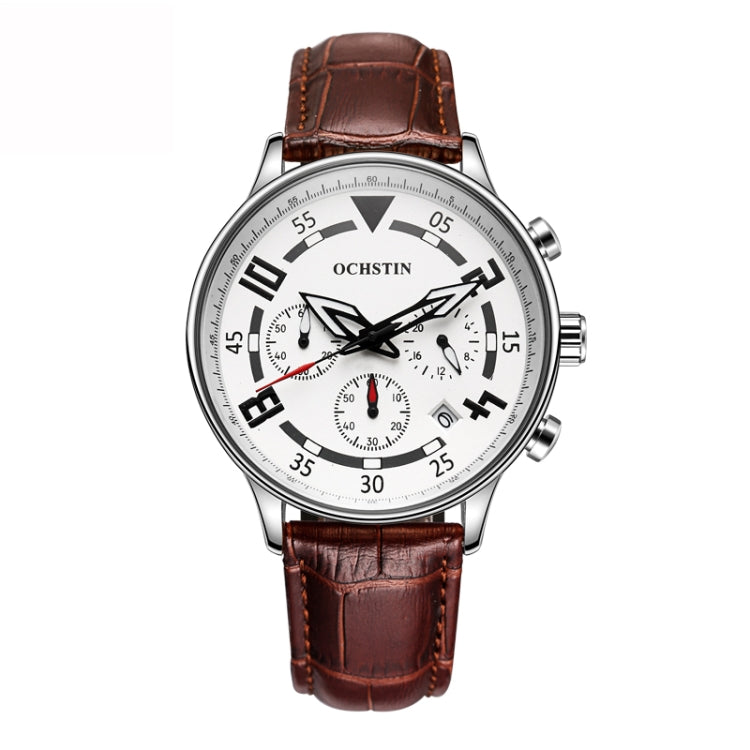 Ochstin 6050B Multifunctional Quartz Men Leather Watch(Silver+Coffee) - Leather Strap Watches by OCHSTIN | Online Shopping South Africa | PMC Jewellery | Buy Now Pay Later Mobicred