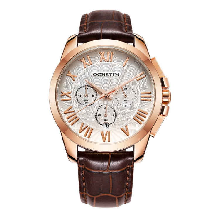 OCHSTIN 6059B Augustine Celebrity Series Multifunctional Quartz Waterproof Men Watch(Rose Gold+Coffee) - Leather Strap Watches by OCHSTIN | Online Shopping South Africa | PMC Jewellery | Buy Now Pay Later Mobicred