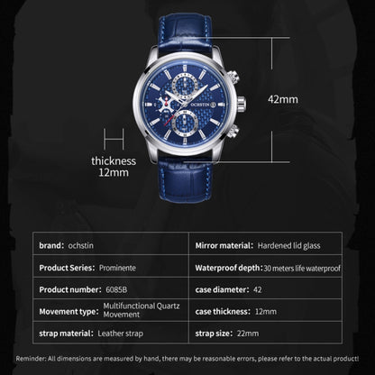 OCHSTIN 6085B Multifunctional Quartz Waterproof Men Leather Watch(Silver+Blue) - Leather Strap Watches by OCHSTIN | Online Shopping South Africa | PMC Jewellery | Buy Now Pay Later Mobicred