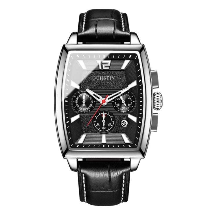 OCHSTIN 6133A Multifunctional Quartz Waterproof Luminous Men Leather Watch(Silver Black) - Leather Strap Watches by OCHSTIN | Online Shopping South Africa | PMC Jewellery | Buy Now Pay Later Mobicred