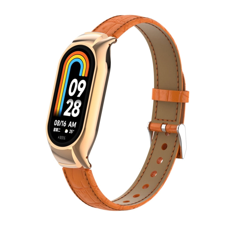 For Xiaomi Mi Band 8 Integrated Metal Case + Cocodile Texture Leather Watch Band(Orange) - Smart Wear by PMC Jewellery | Online Shopping South Africa | PMC Jewellery