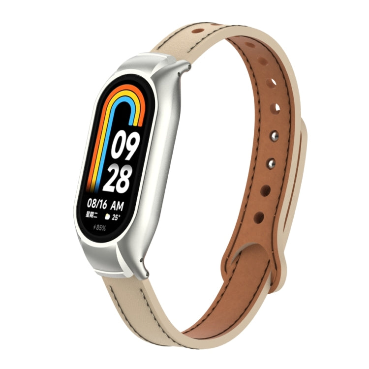 For Xiaomi Mi Band 8 Integrated Metal Case + Double Nail Microfiber Leather Watch Band(Milk Tea Color) - Smart Wear by PMC Jewellery | Online Shopping South Africa | PMC Jewellery