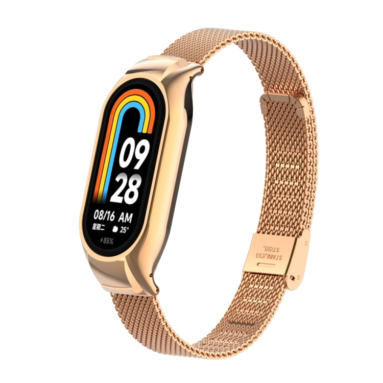 For Xiaomi Mi Band 8 Integrated Metal Case + Steel Mesh Buckle Watch Band(Rose Gold) - Smart Wear by PMC Jewellery | Online Shopping South Africa | PMC Jewellery