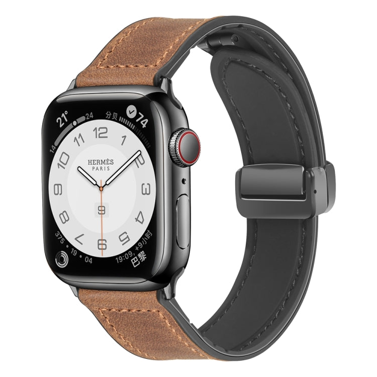 Magnetic Folding Silicone Leather Watch Band For Apple Watch Ultra 49mm / Series 8&7 45mm / SE 2&6&SE&5&4 44mm / 3&2&1 42mm (Dark Brown) - Watch Bands by PMC Jewellery | Online Shopping South Africa | PMC Jewellery